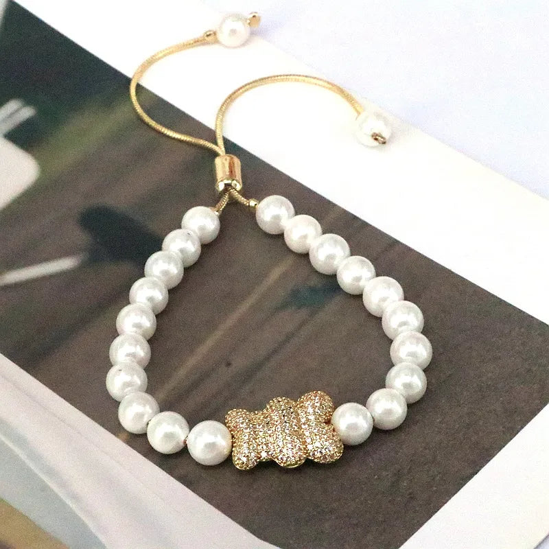 Hip-Hop Bear Eye Artificial Pearl Copper Plating Zircon Gold Plated Women'S Drawstring Bracelets