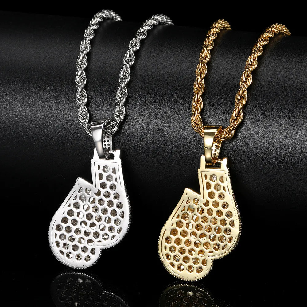 Hip-Hop Boxing Gloves Copper Plating Inlay Zircon Gold Plated Men'S Pendant Necklace