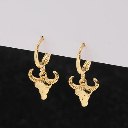 Hip-hop Bull Head Copper Gold Plated Earrings 1 Pair