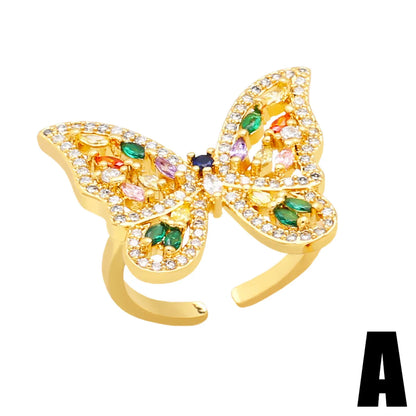 Hip-Hop Butterfly Copper Gold Plated Zircon Open Ring 1 Piece