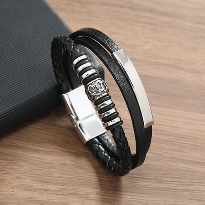 Hip-Hop Color Block Pu Leather Alloy Asymmetrical Handmade Men'S Bangle