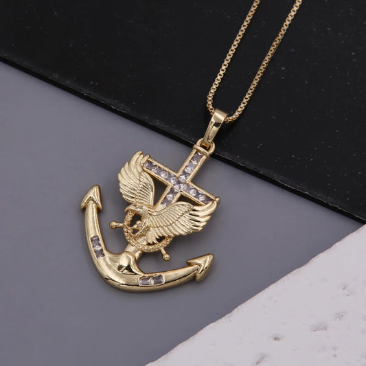 Hip-Hop Cool Style Anchor Eagle Copper Inlay Zircon 18K Gold Plated Unisex Pendant Necklace