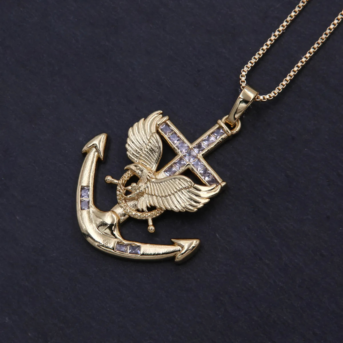 Hip-Hop Cool Style Anchor Eagle Copper Inlay Zircon 18K Gold Plated Unisex Pendant Necklace