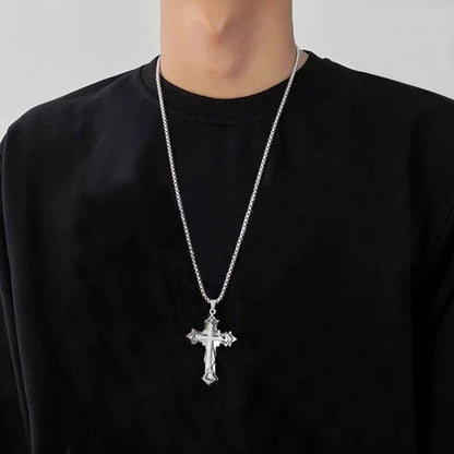 Hip-Hop Cool Style Cross Alloy Titanium Steel Inlay Rhinestones Men'S Pendant Necklace Long Necklace