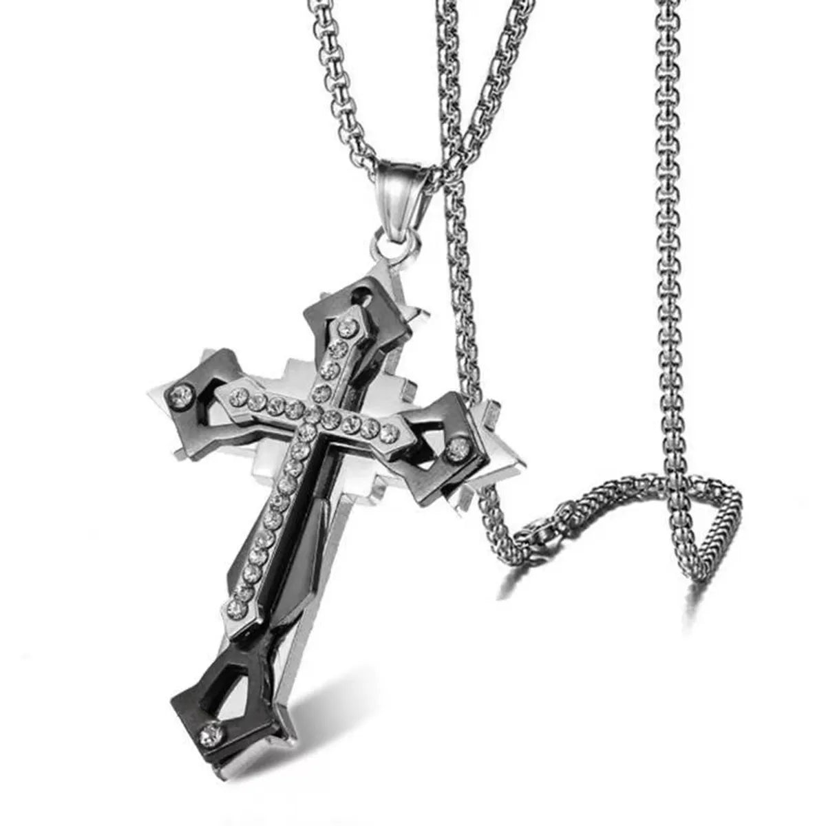 Hip-Hop Cool Style Cross Alloy Titanium Steel Inlay Rhinestones Men'S Pendant Necklace Long Necklace