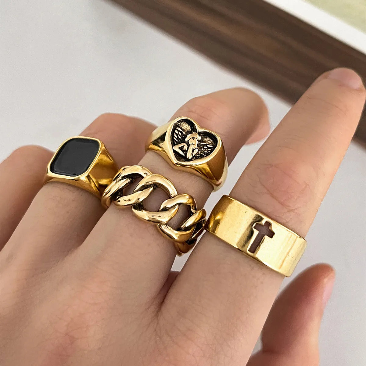 Hip-Hop Cool Style Cross Square Heart Shape Alloy Enamel Hollow Out Unisex Rings