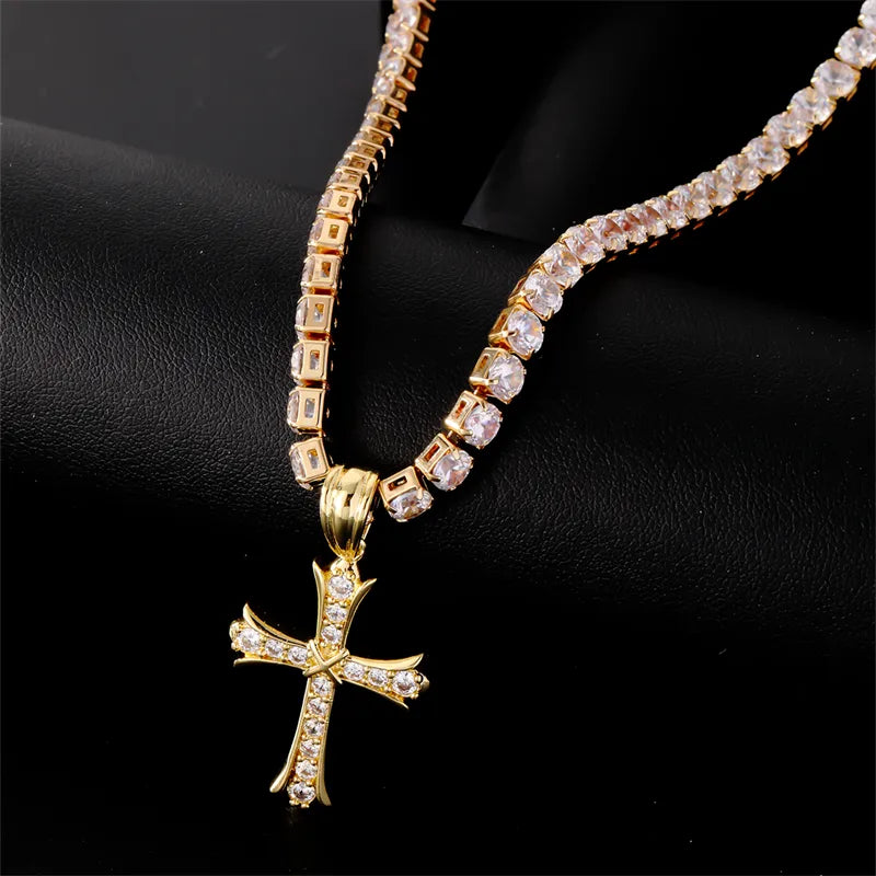 Hip-Hop Cool Style Cross Copper Plating Inlay Zircon K Gold Plated Rhodium Plated Unisex Pendant Necklace