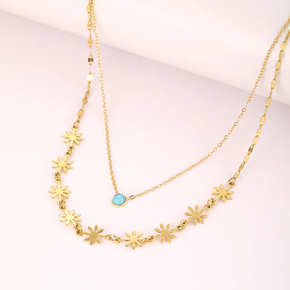 Hip-hop Cool Style Flower Stainless Steel Plating Inlay Turquoise 18k Gold Plated Double Layer Necklaces