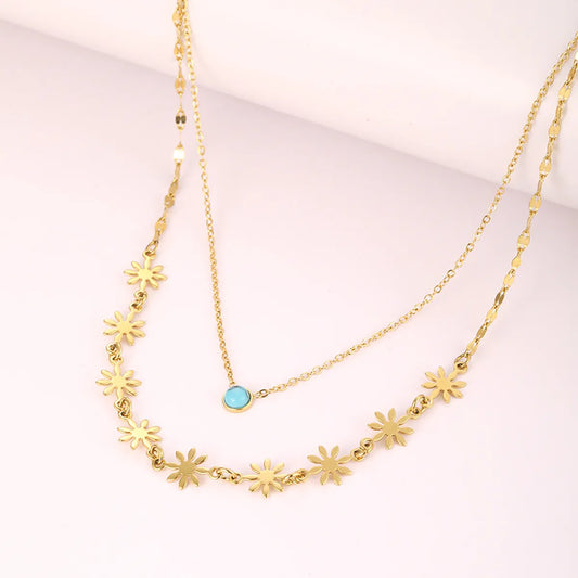 Hip-hop Cool Style Flower Stainless Steel Plating Inlay Turquoise 18k Gold Plated Double Layer Necklaces