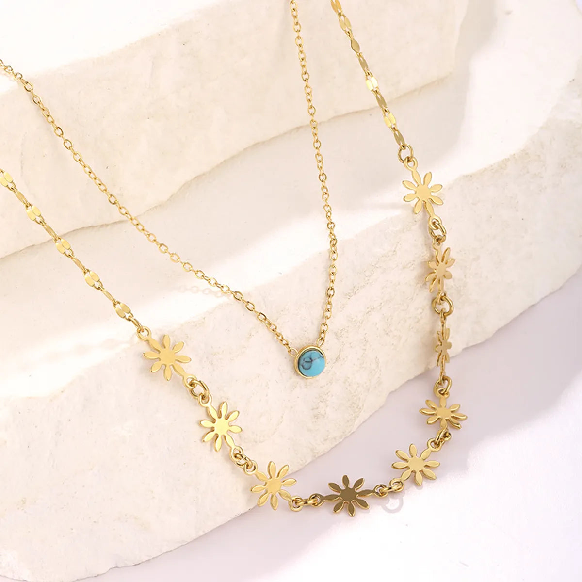 Hip-hop Cool Style Flower Stainless Steel Plating Inlay Turquoise 18k Gold Plated Double Layer Necklaces