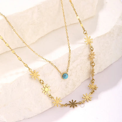 Hip-hop Cool Style Flower Stainless Steel Plating Inlay Turquoise 18k Gold Plated Double Layer Necklaces