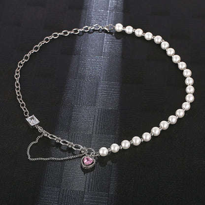 Hip-hop Cool Style Heart Shape Titanium Steel Pearl Chain Inlay Zircon Pendant Necklace