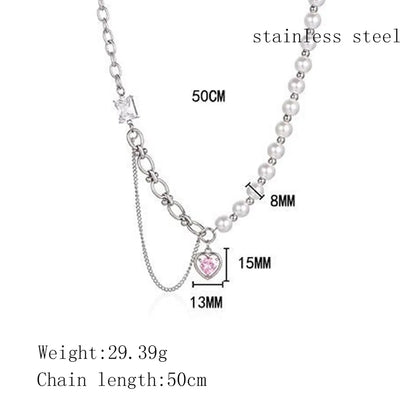 Hip-hop Cool Style Heart Shape Titanium Steel Pearl Chain Inlay Zircon Pendant Necklace