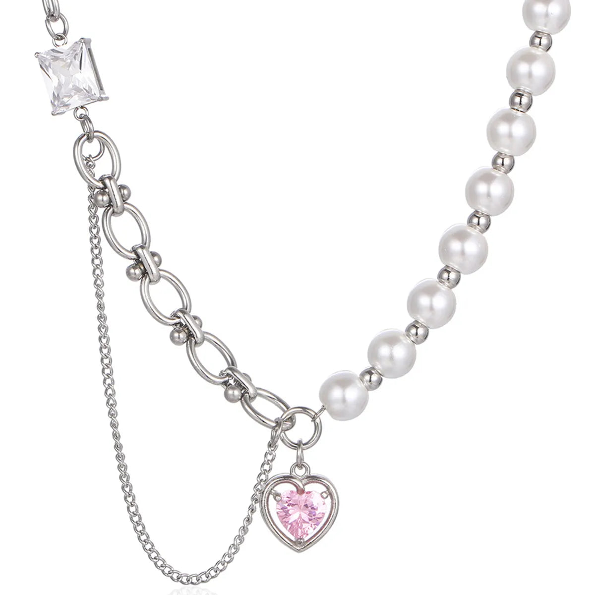 Hip-hop Cool Style Heart Shape Titanium Steel Pearl Chain Inlay Zircon Pendant Necklace