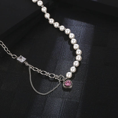 Hip-hop Cool Style Heart Shape Titanium Steel Pearl Chain Inlay Zircon Pendant Necklace