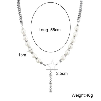 Hip-Hop Cool Style Star Stainless Steel Artificial Pearl Beaded Inlay Rhinestones Unisex Necklace