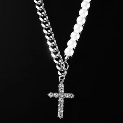 Hip-hop Cross Artificial Pearl Alloy Inlay Rhinestones Men's Pendant Necklace