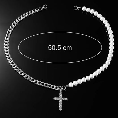 Hip-hop Cross Artificial Pearl Alloy Inlay Rhinestones Men's Pendant Necklace