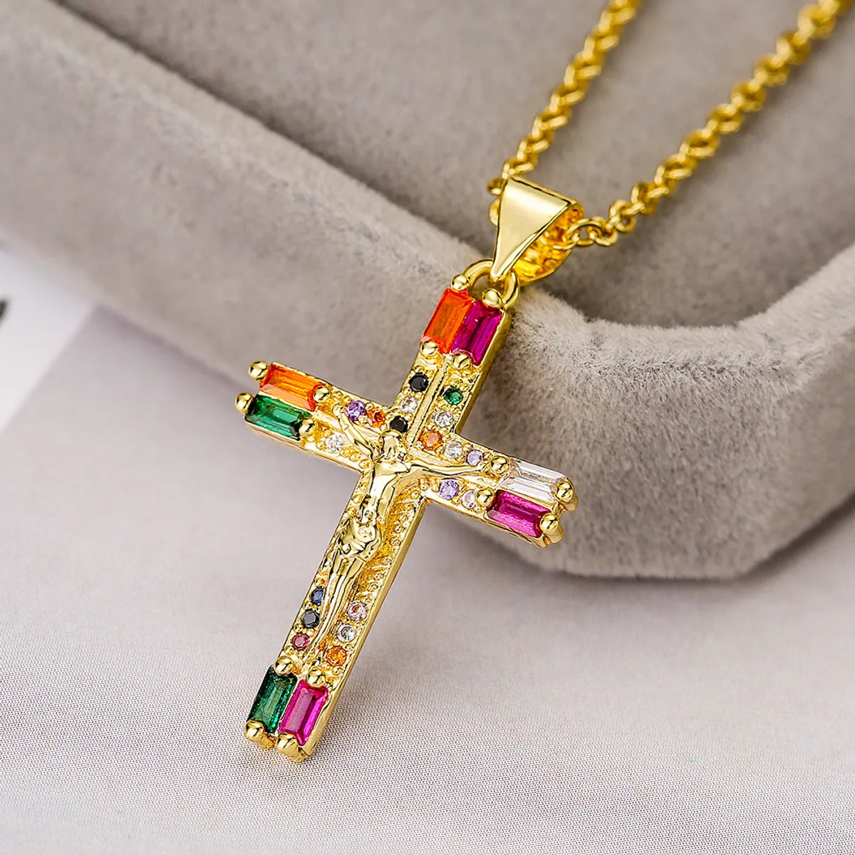 Hip-hop Cross Copper 18k Gold Plated Zircon Pendant Necklace In Bulk