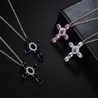 Hip-Hop Cross Copper Plating Inlay Zircon Rhodium Plated Unisex Pendant Necklace