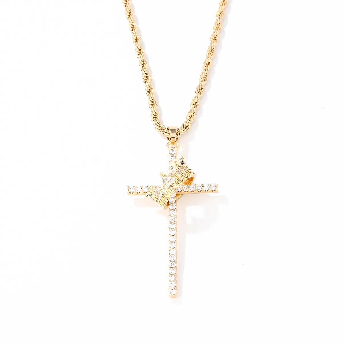 Hip-hop Cross Crown Copper Inlay Zircon Pendant Necklace