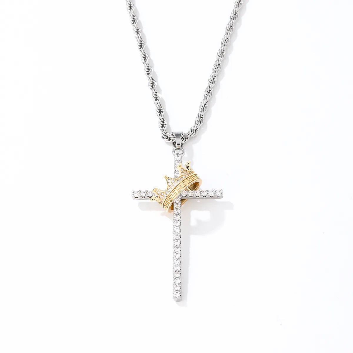 Hip-hop Cross Crown Copper Inlay Zircon Pendant Necklace