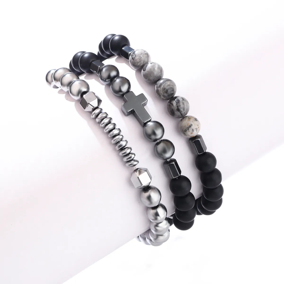 Hip-Hop Cross Natural Stone Beaded Men'S Bracelets