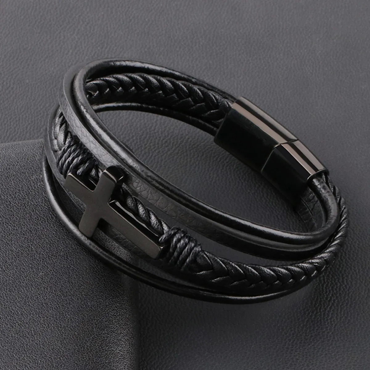 Hip-Hop Cross Pu Leather Titanium Steel Men'S Bracelets