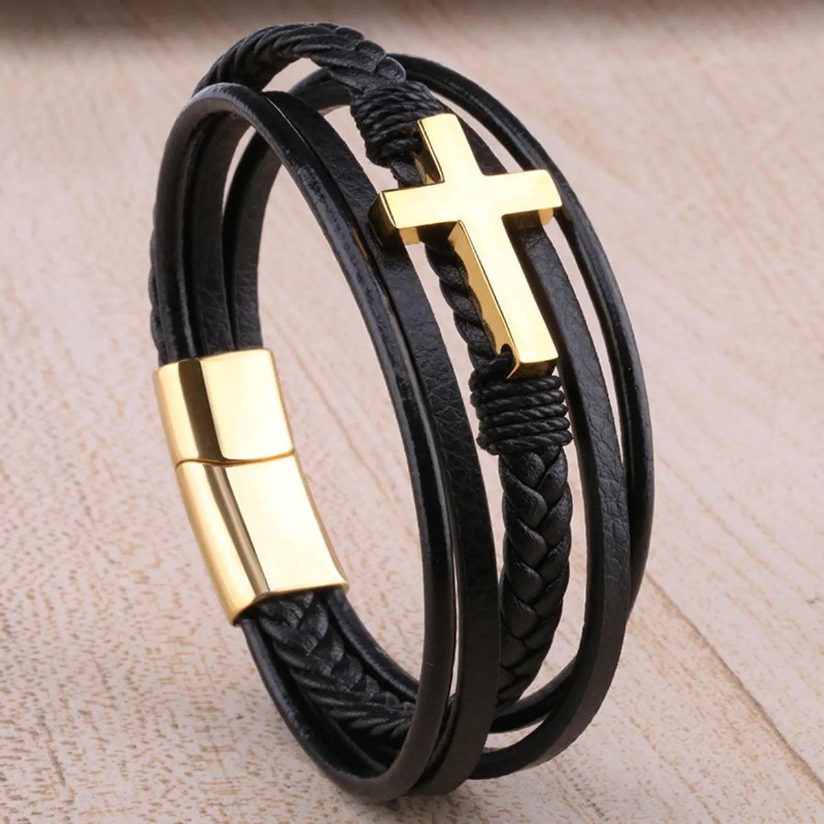 Hip-Hop Cross Pu Leather Titanium Steel Men'S Bracelets