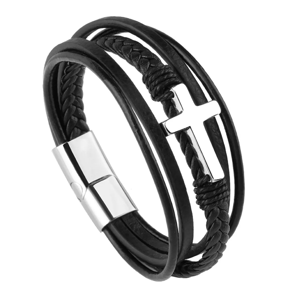 Hip-Hop Cross Pu Leather Titanium Steel Men'S Bracelets