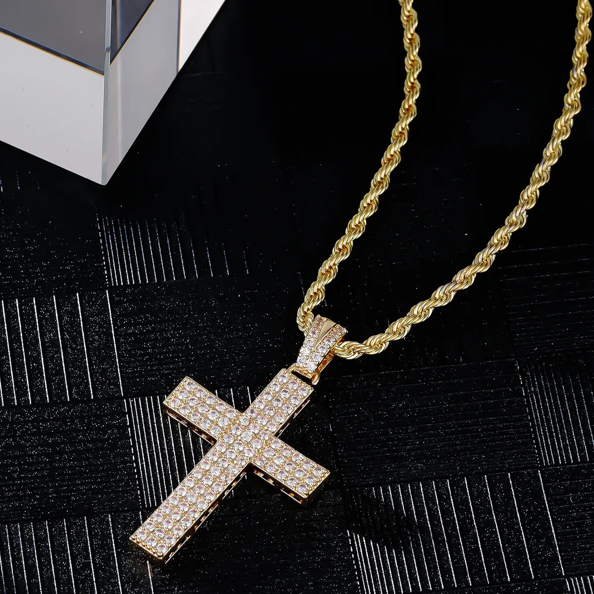 Hip-Hop Cross 304 Stainless Steel Copper Plating Inlay Zircon K Gold Plated Rhodium Plated Men'S Pendant Necklace