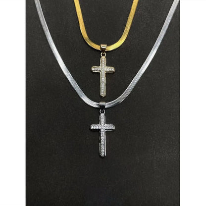 Hip-Hop Cross Titanium Steel Copper Inlay Rhinestones Men'S Pendant Necklace