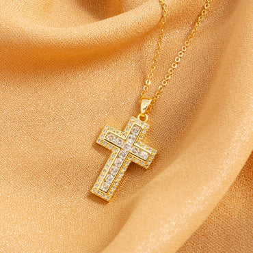 Hip-hop Cross Titanium Steel Inlay Zircon 18k Gold Plated Pendant Necklace