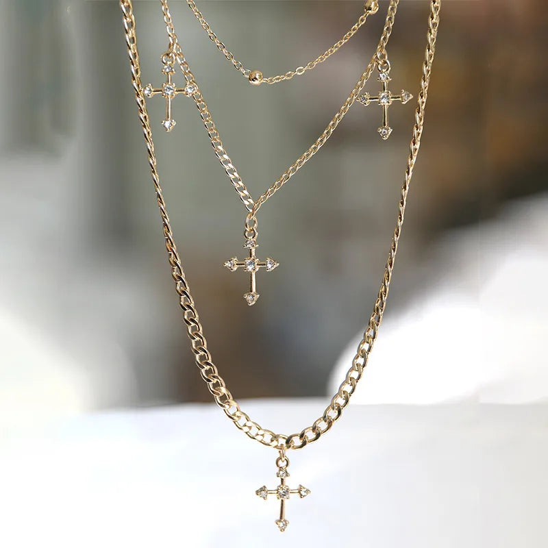 Hip-Hop Exaggerated Geometric Cross Rhinestones Arylic Alloy Wholesale Three Layer Necklace