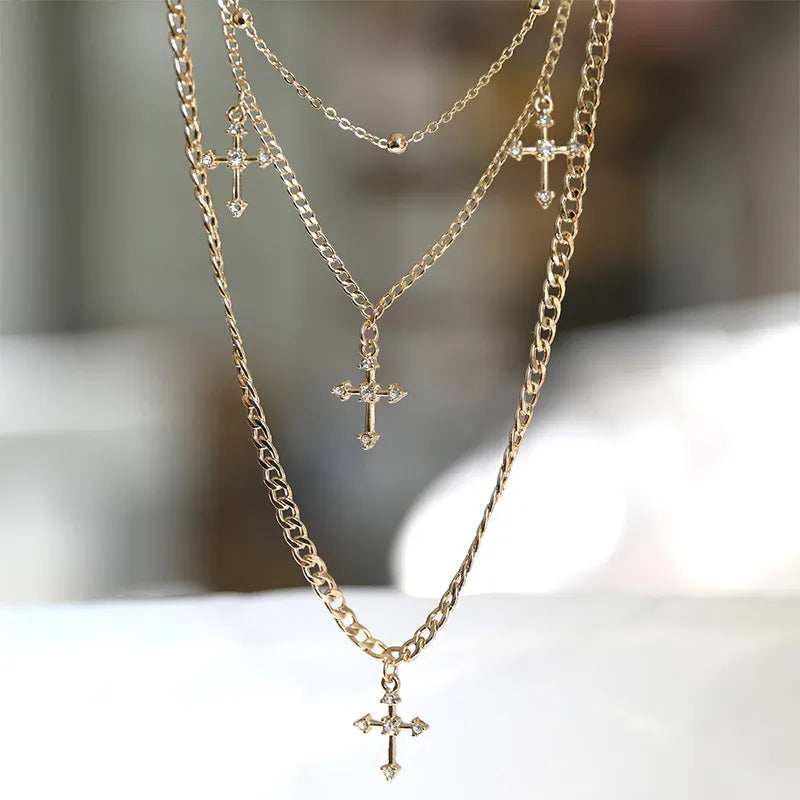 Hip-Hop Exaggerated Geometric Cross Rhinestones Arylic Alloy Wholesale Three Layer Necklace