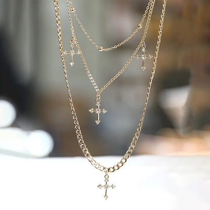 Hip-Hop Exaggerated Geometric Cross Rhinestones Arylic Alloy Wholesale Three Layer Necklace