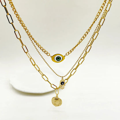 Hip-hop Exaggerated Punk Devil's Eye Palm Stainless Steel Polishing Enamel Plating Gold Plated Layered Necklaces