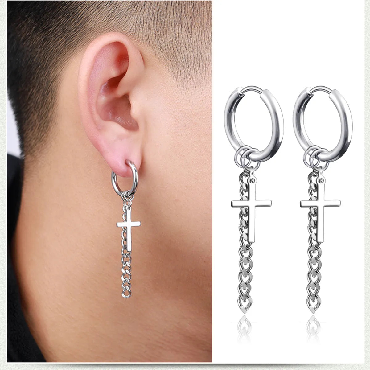 Hip-Hop Geometric Cross Sword Men'S Titanium Steel Single Hoop Earrings