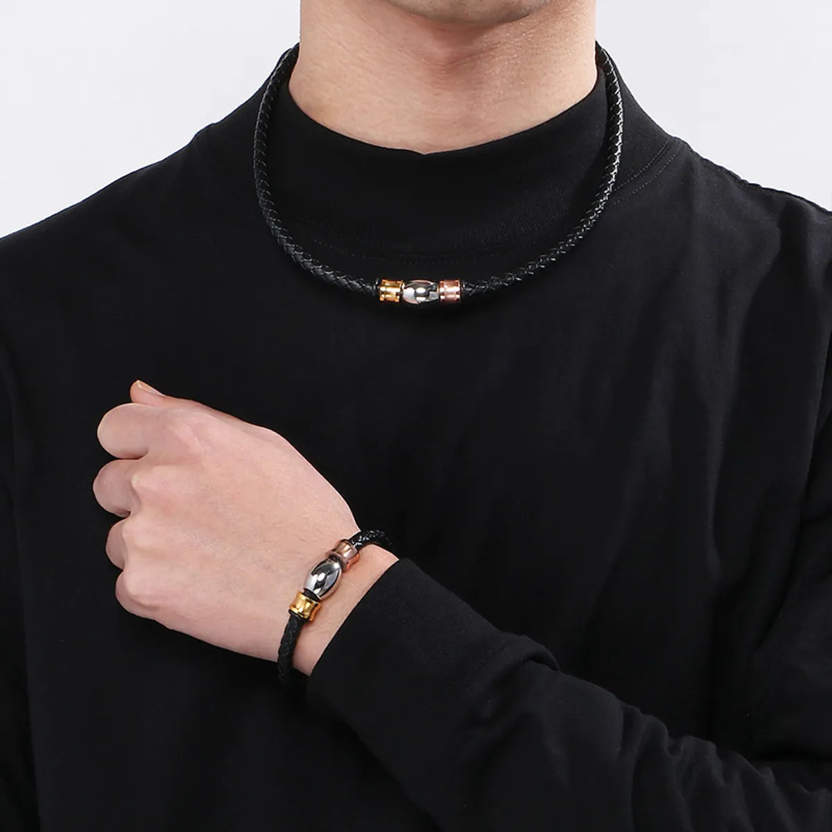 Hip-hop Geometric Pu Leather Titanium Steel Men's Bracelets Necklace