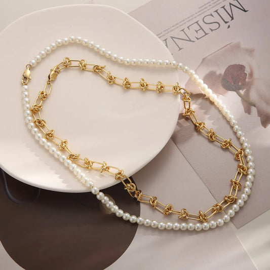 Hip-hop Geometric Stainless Steel Beaded Artificial Pearls Layered Necklaces 2 Pieces