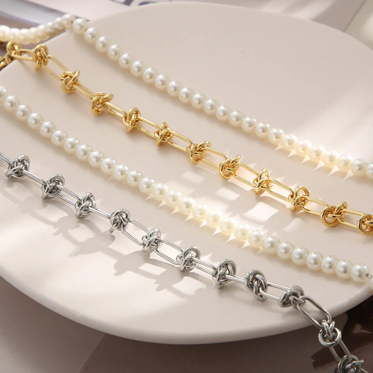 Hip-hop Geometric Stainless Steel Beaded Artificial Pearls Layered Necklaces 2 Pieces