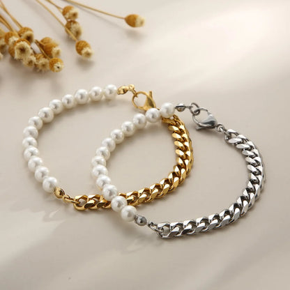 Hip-Hop Geometric Stainless Steel Patchwork Artificial Pearls Jewelry Set 1 Piece