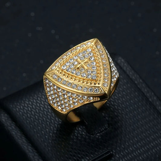 Hip-Hop Geometric Stainless Steel Plating Inlay Rhinestones Gold Plated Men'S Rings