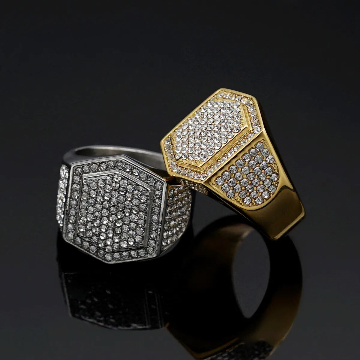 Hip-Hop Hexagon Stainless Steel Gold Plated Rhinestones Rings