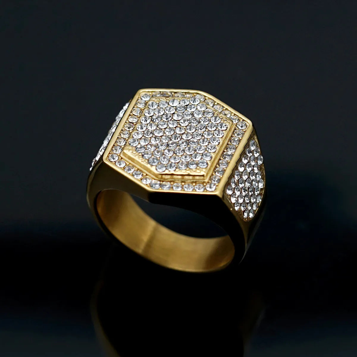 Hip-Hop Hexagon Stainless Steel Gold Plated Rhinestones Rings