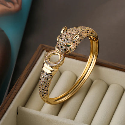 Hip-hop Leopard Copper 18k Gold Plated Pearl Zircon Bangle In Bulk