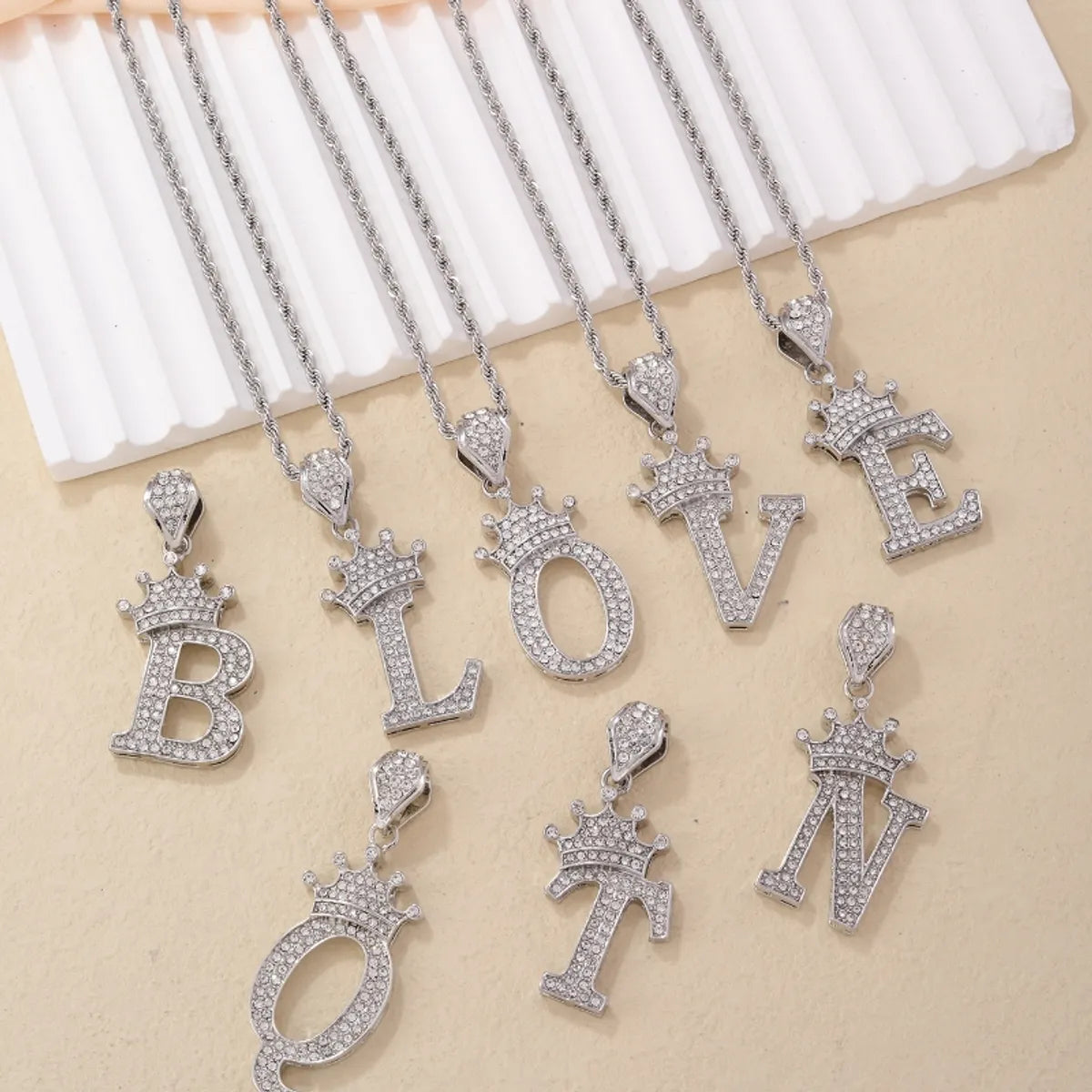 Hip-hop Letter Crown Copper Plating Inlay Rhinestones White Gold Plated Necklace Pendant