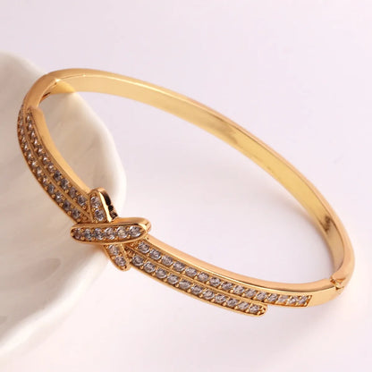 Hip-Hop Palm Rose Leopard Copper 18k Gold Plated Zircon Bangle In Bulk