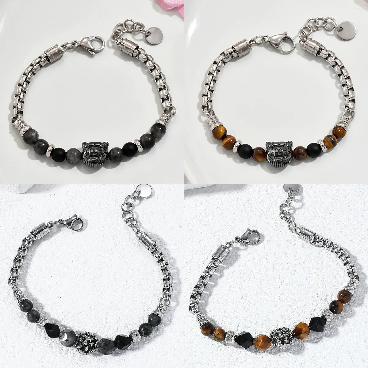 Hip-Hop Punk Cool Style Lion Tiger 201 Stainless Steel Stone Beaded Braid Chain Stone 18K Gold Plated Unisex Bracelets