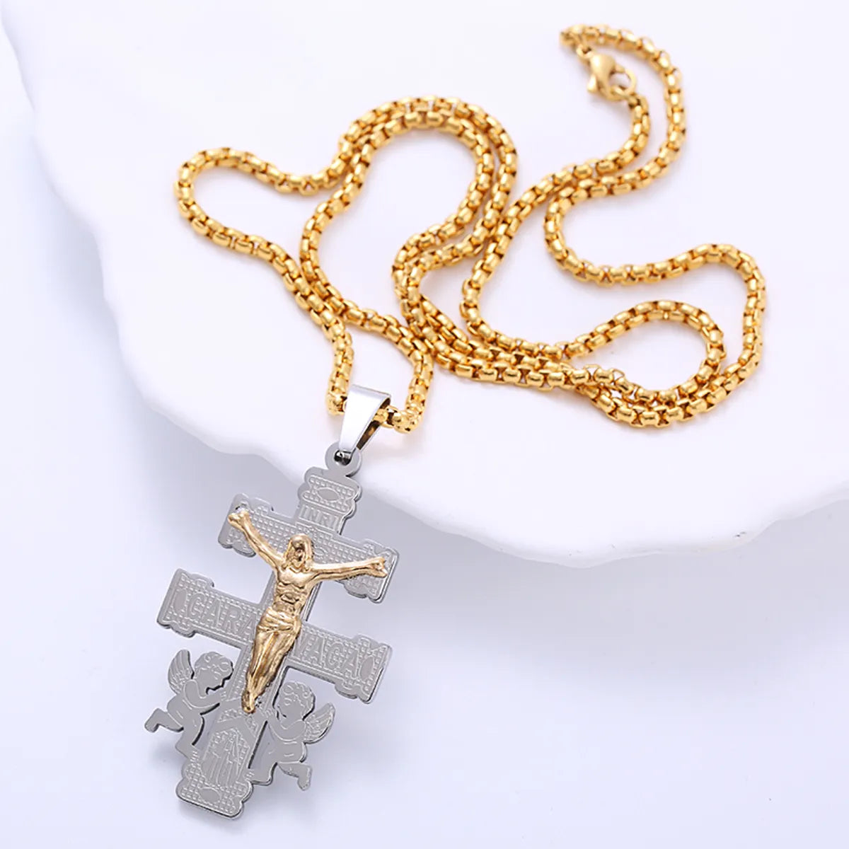 304 Stainless Steel 18K Gold Plated Hip-Hop Punk Cross Angel Angel Wings No Inlaid Pendant Necklace